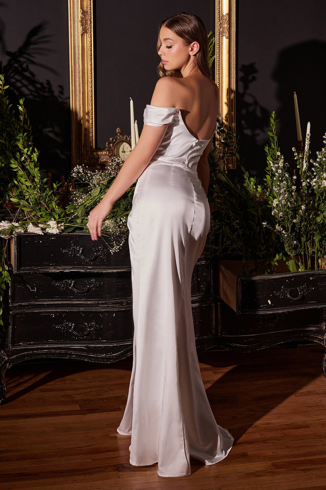 White Off Shoulder Satin Corset Slit Gown by Ladivine 7492W - Outlet