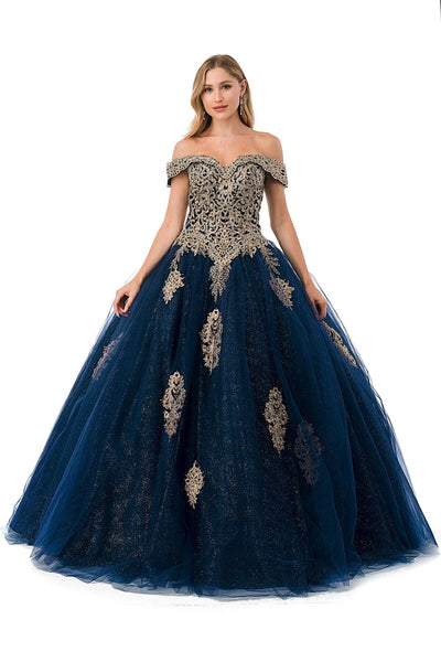 LaDivine 15716 Floral Off-The-Shoulder Streamer Quince Dress 