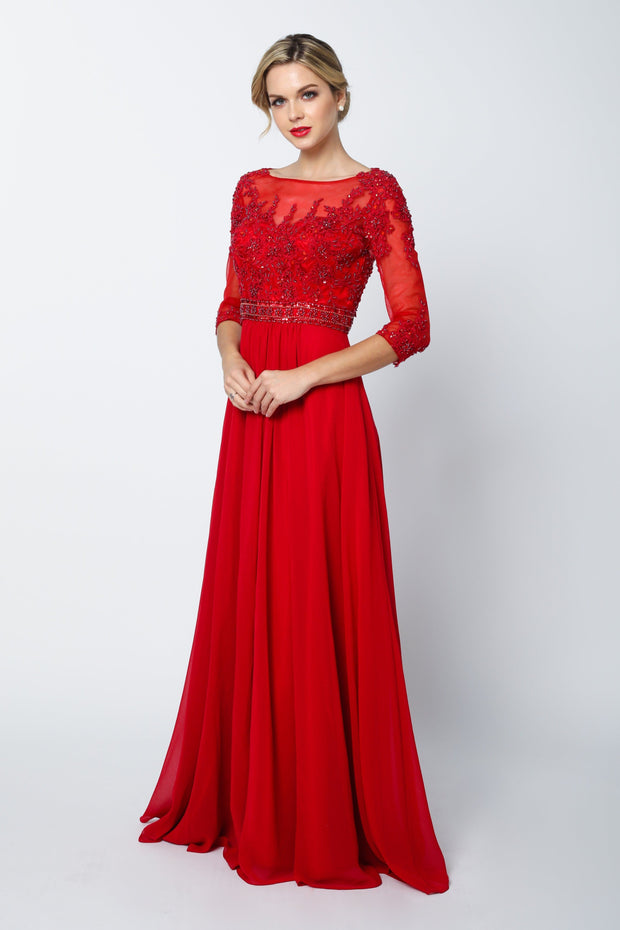 Bead Embroidered Formal Gown with Sheer Sleeves by Juliet 600