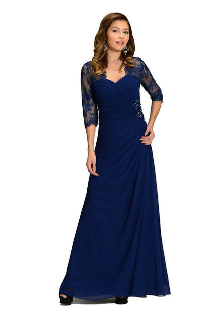 Burgundy Long Chiffon Dress with Lace Sleeves by Poly USA – ABC Fashion