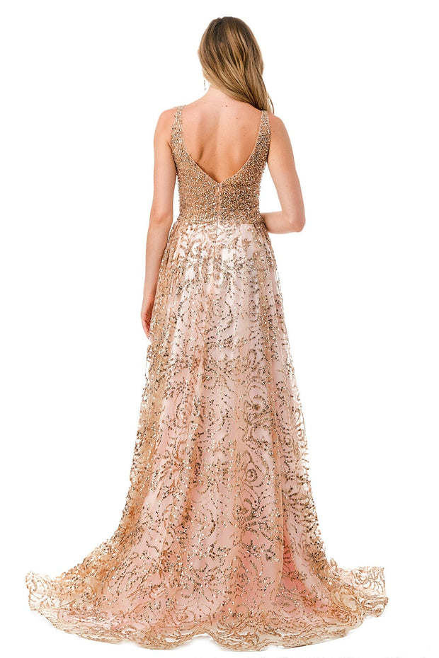 K258068 Magnificent Aurora Sequin Lace A-line Gown with V-Neckline