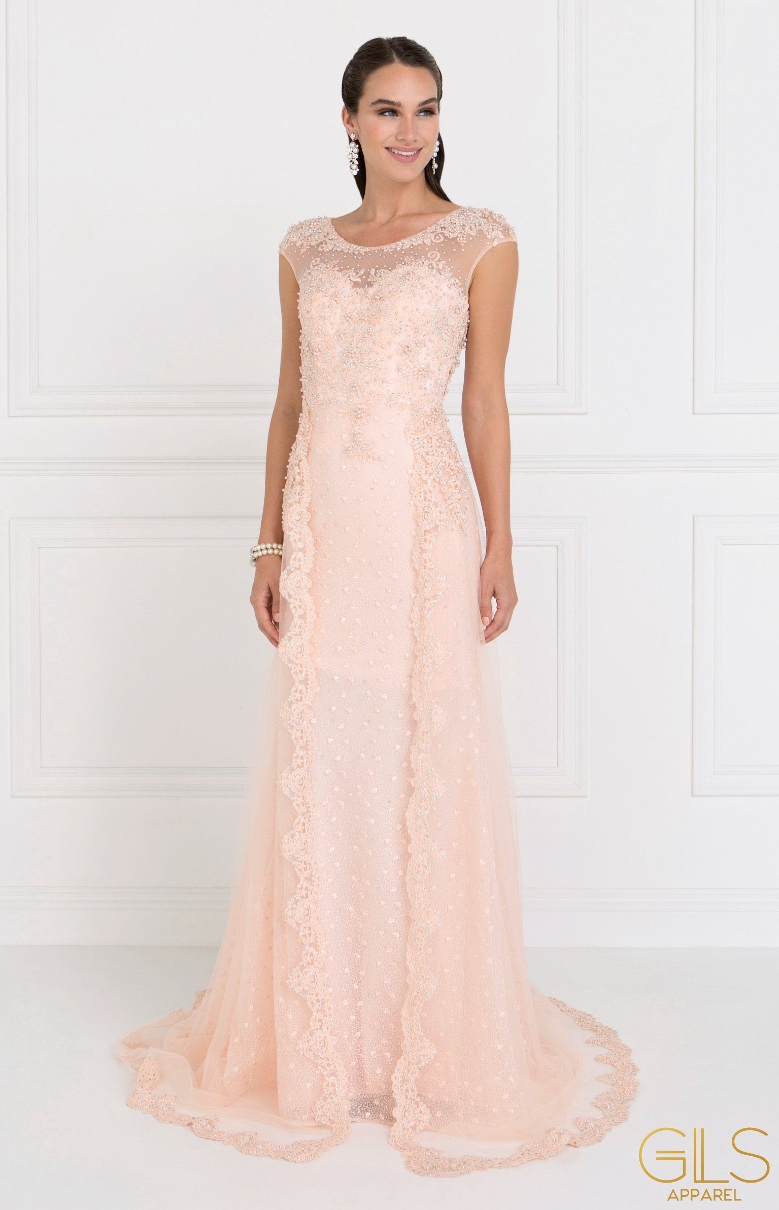 Long Blush Cap Sleeve Lace Dress ...