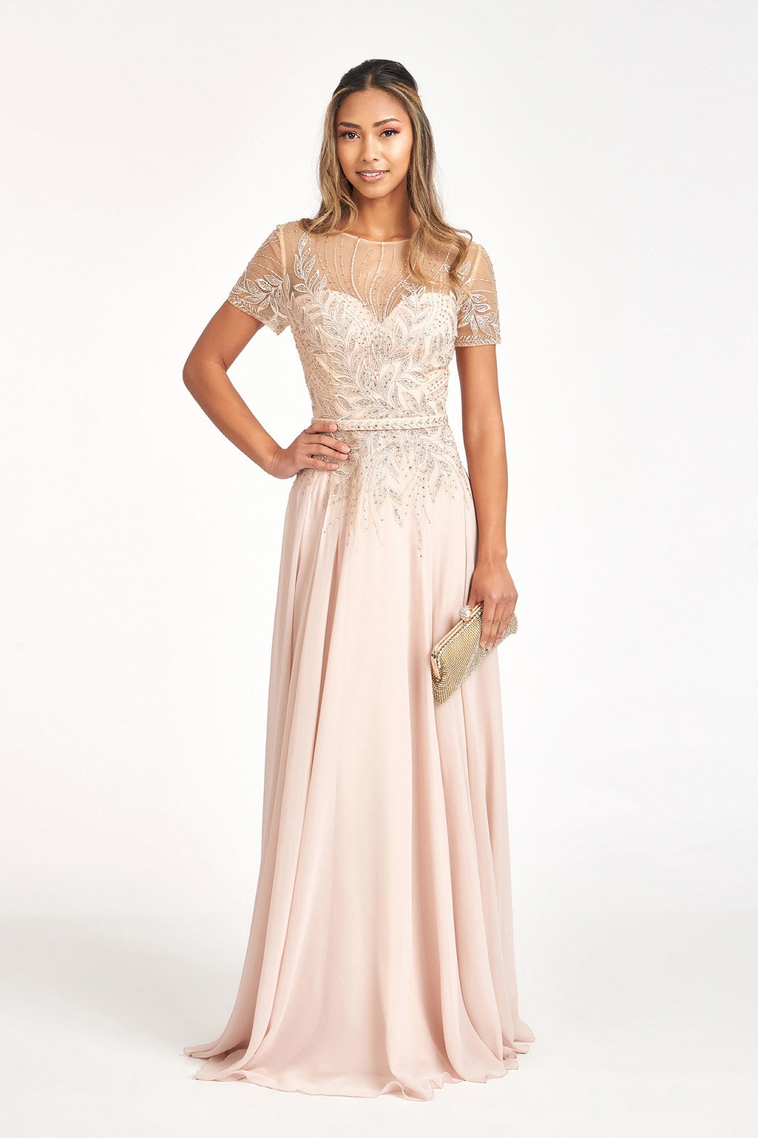 Champagne colored gowns with sleeves hotsell