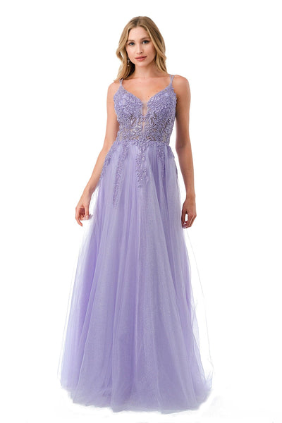 Lilac Tulle Lace A-line Open Back Prom Dresses MP688