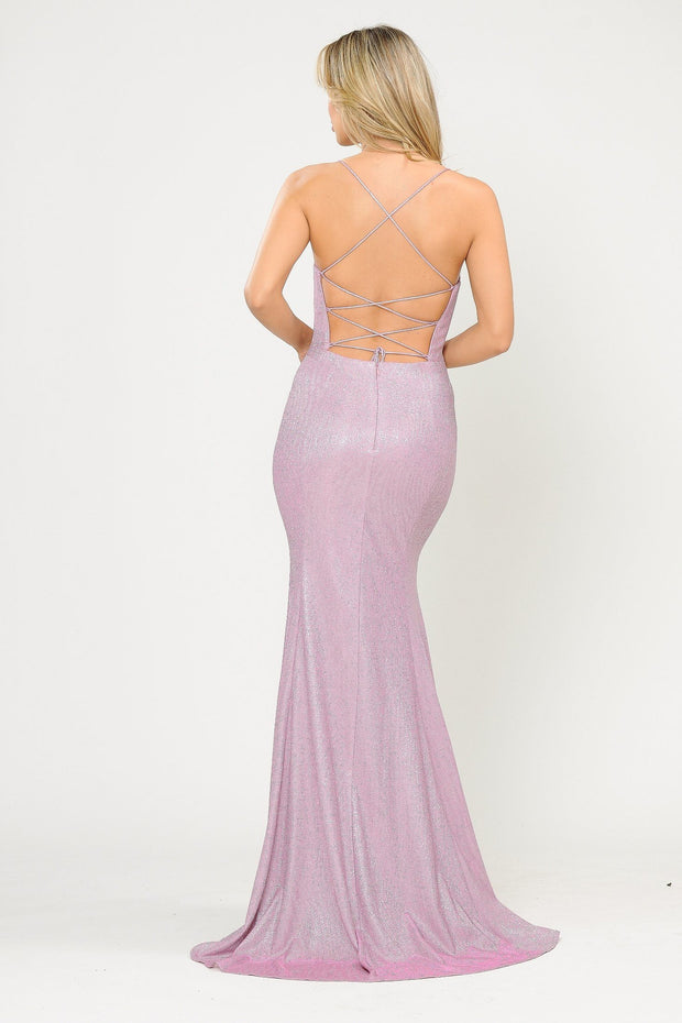 Fitted Long Glitter V-Neck Dress with Corset Back by Poly USA 8668 ...