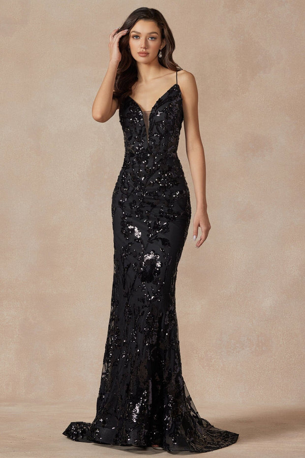 Fitted Sequin Print Deep V-Neck Gown by Juliet 2411 – ABC Fashion