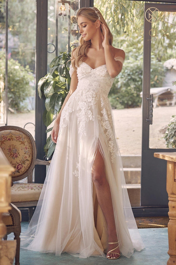 Floral Applique Off Shoulder Bridal Slit Gown by Nox Anabel JE953 – ABC  Fashion