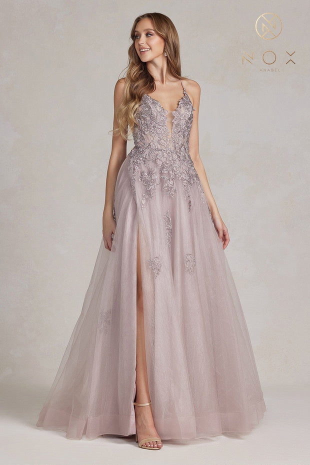 Nox Anabel Blush Pink Long Lace Prom Dress with Tulle Skirt Blush / 2
