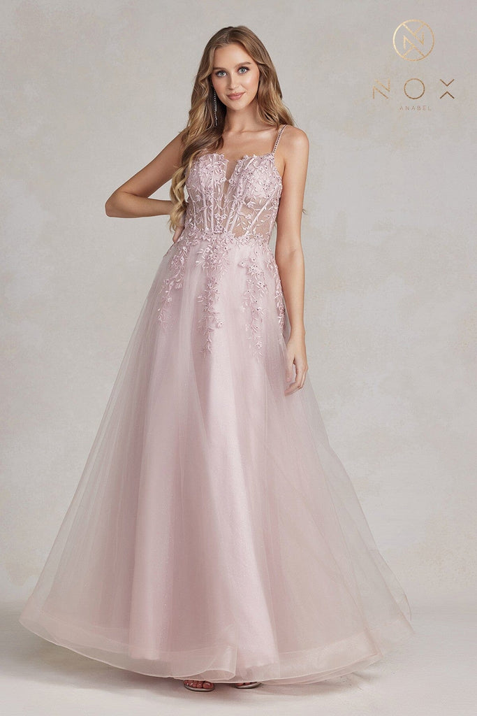 Nox Anabel Blush Pink Long Lace Prom Dress with Tulle Skirt Blush / 8