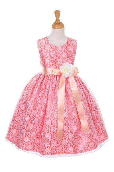 Girls Coral Raschel Lace Tea Length Dress with Sash – ABC Fashion