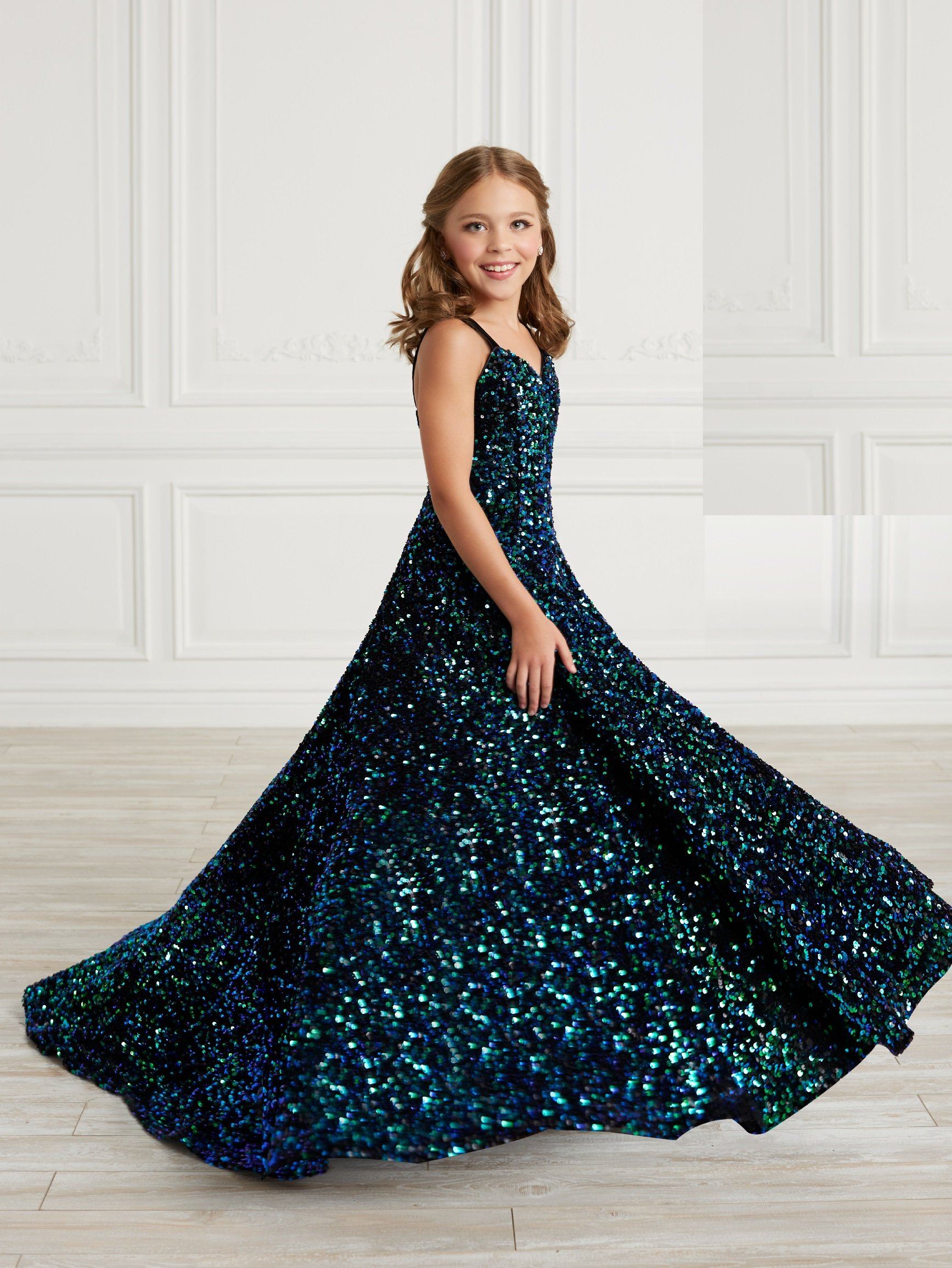 Girls Long Iridescent Sequin Dress by Tiffany Princess 13625