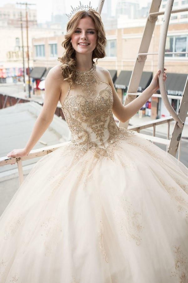 Glitter Print High Neck Quinceanera Dress by Calla SYL19002