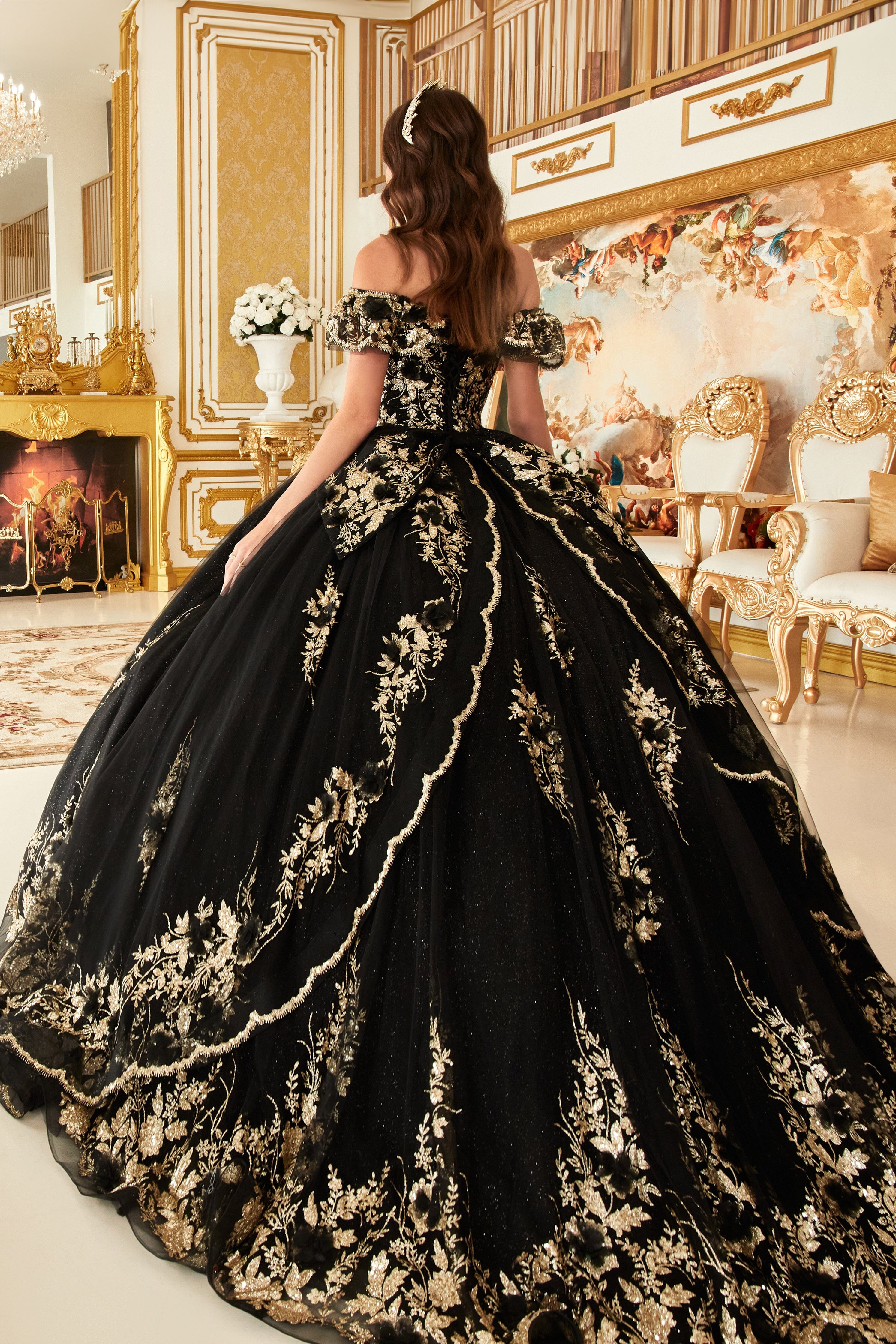 Off shoulder black ball gown hotsell