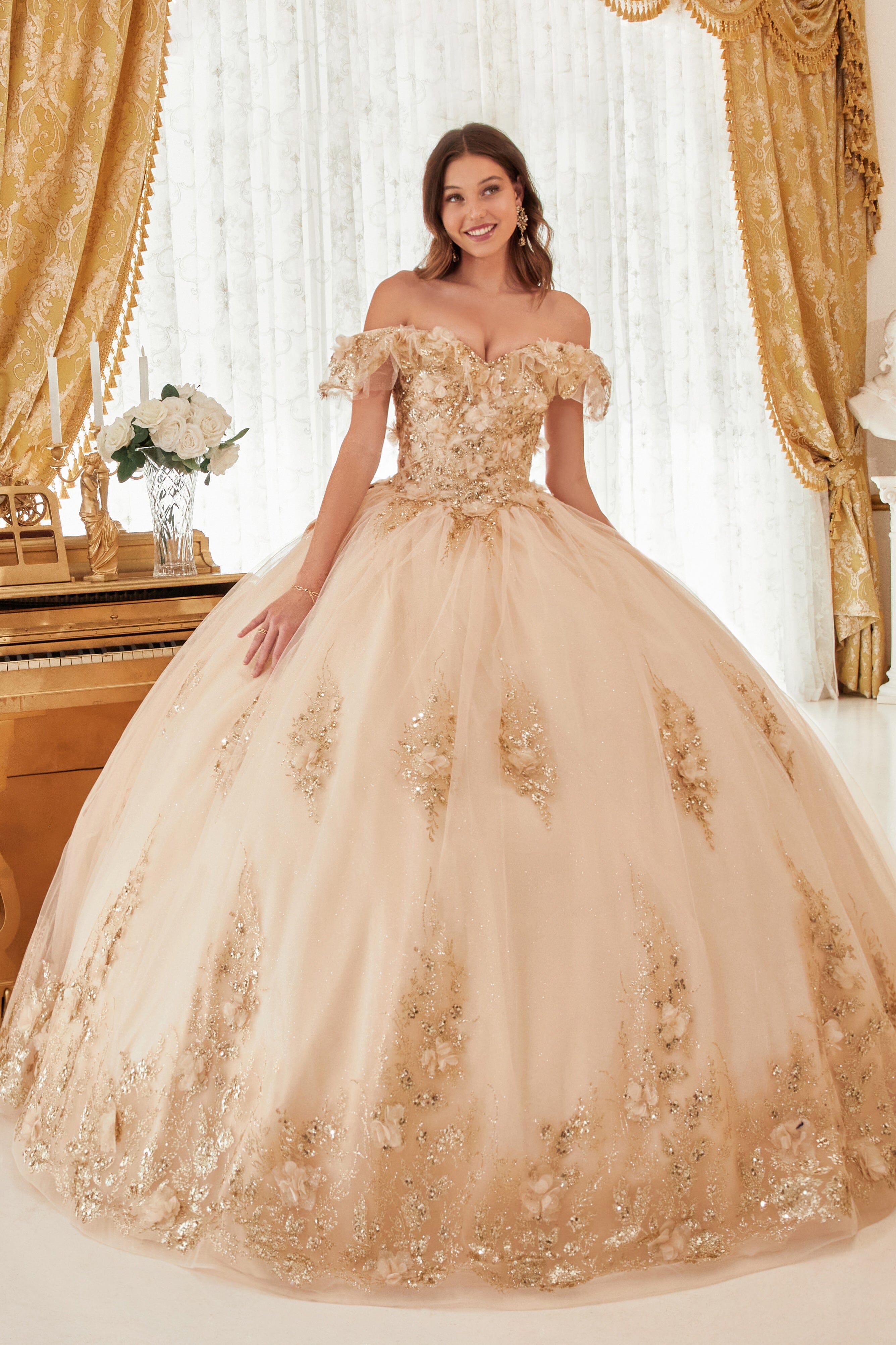 Gold off the shoulder ball gown hotsell