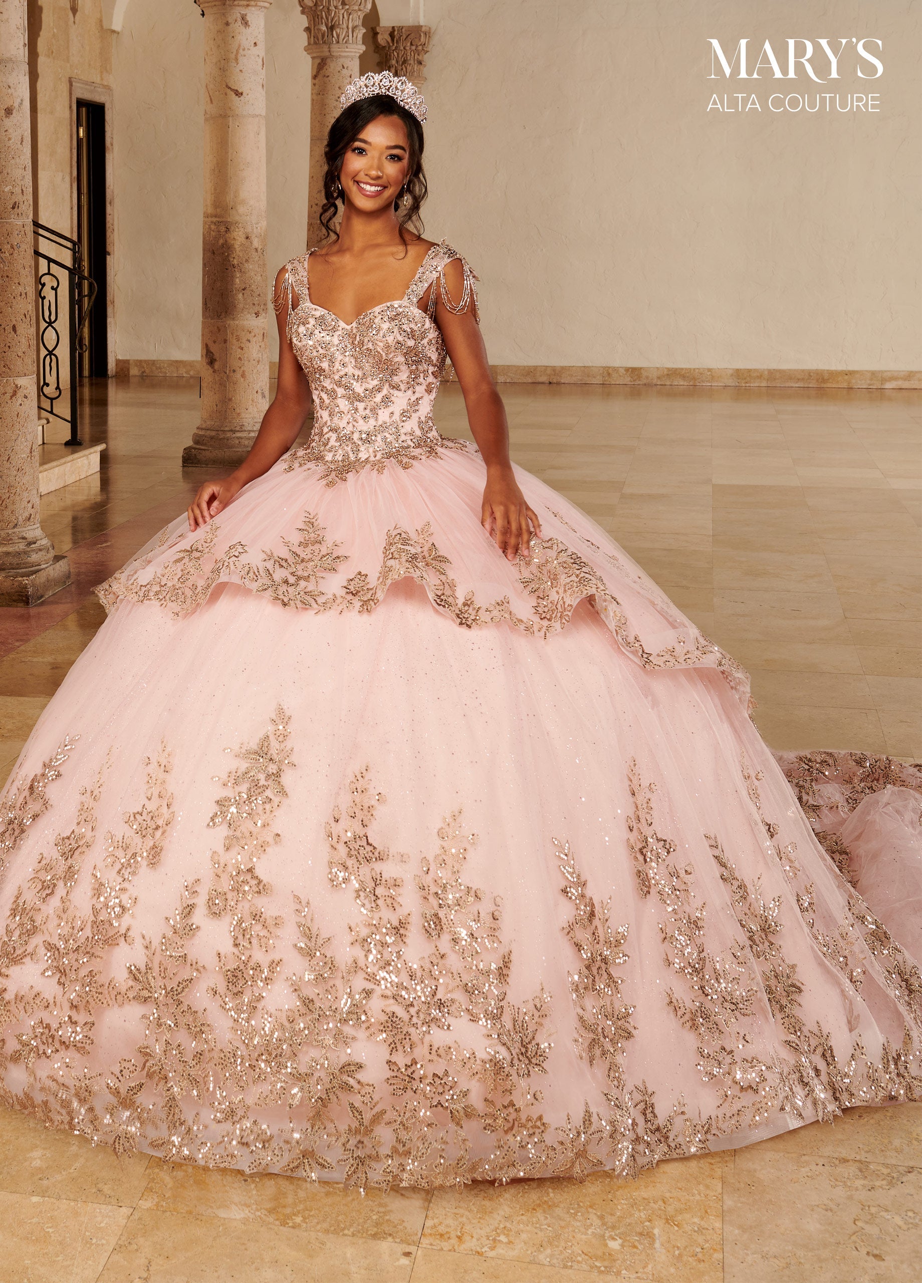 Gold Applique Quinceanera Dress by Alta Couture MQ3079 ABC Fashion