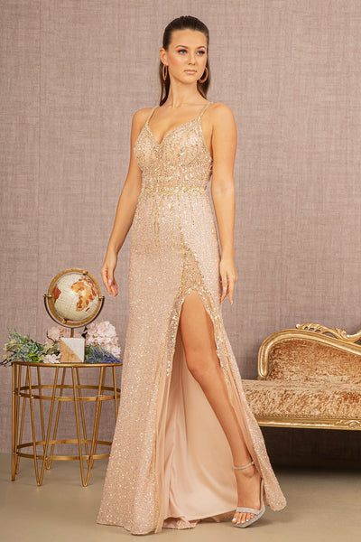 Gold Applique Fitted Off Shoulder Gown by Adora 3117
