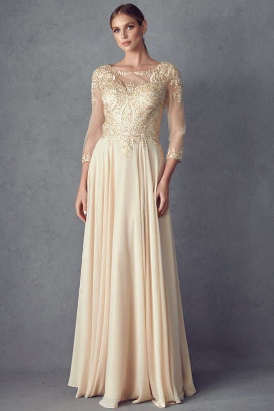 Lace Applique 3/4 Sleeve Chiffon Gown by Juliet M12 – ABC Fashion