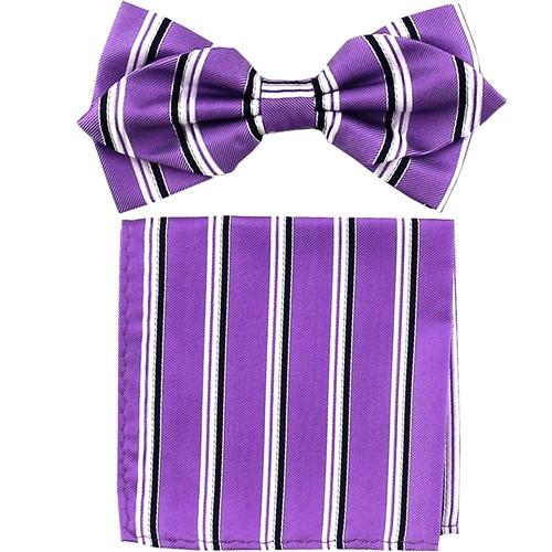 Lavender Striped Bow Tie with Pocket Square (Pointed Tip)-Men's Bow Ties-ABC Fashion