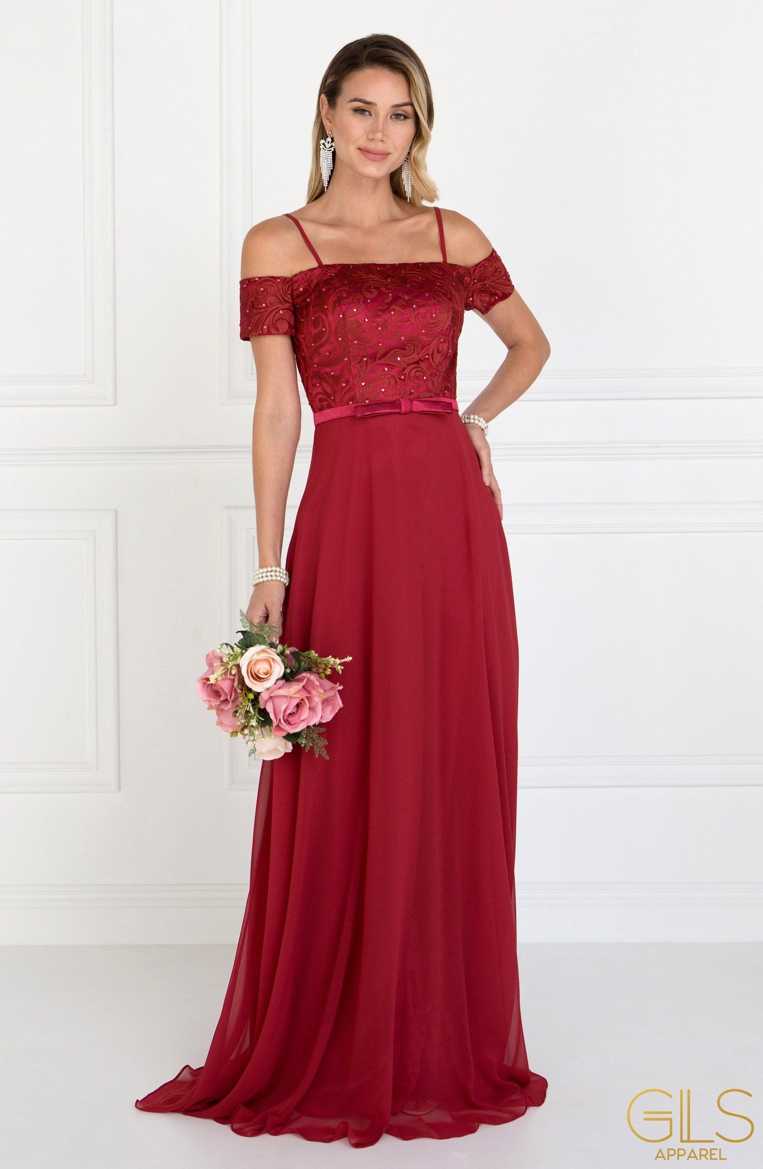 Long Cold Shoulder Dress with Embroidery by Elizabeth K GL1521