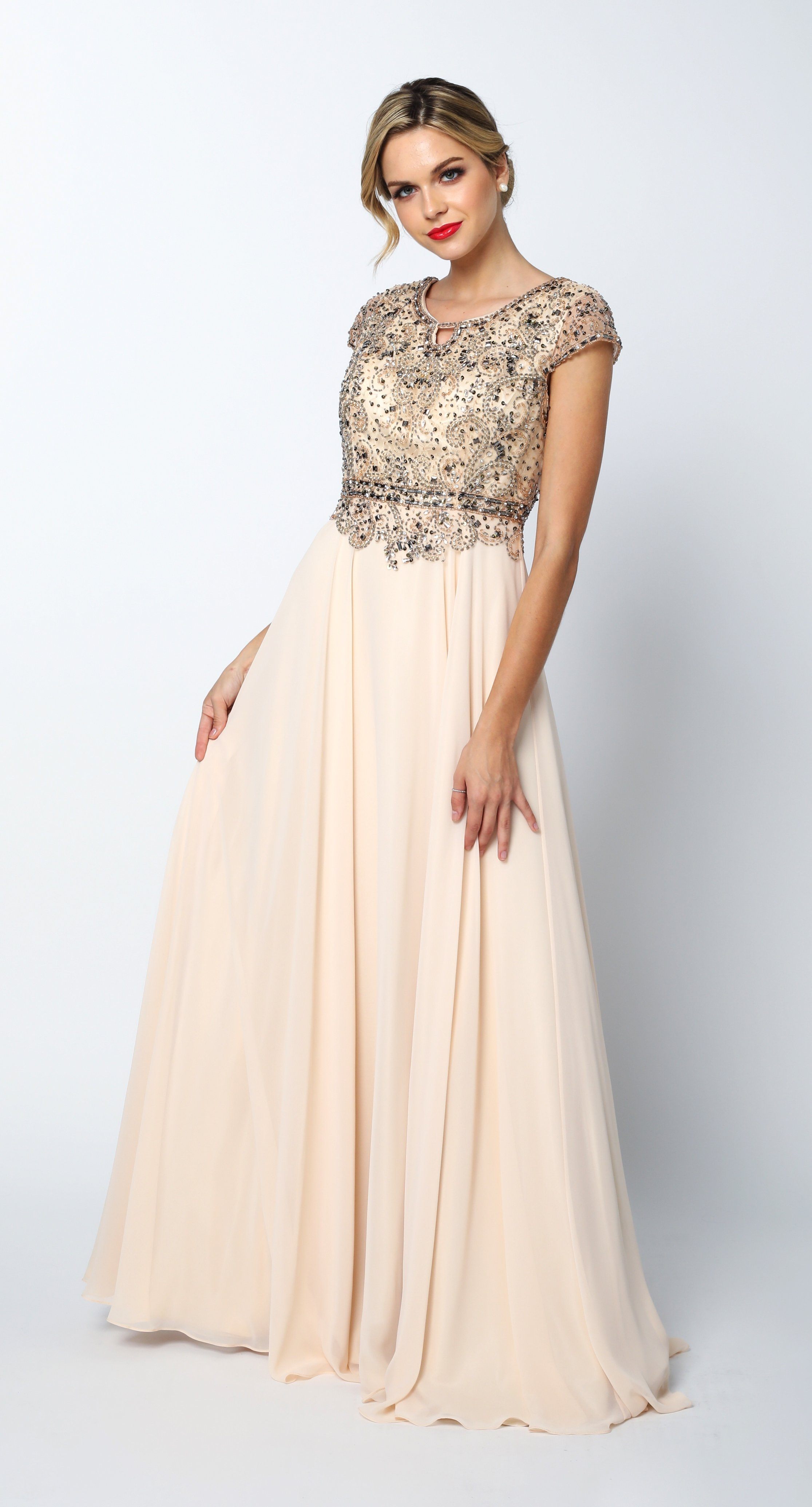 Long Cap Sleeve Chiffon Dress with Beaded Bodice by Juliet 657 – ABC Fashion