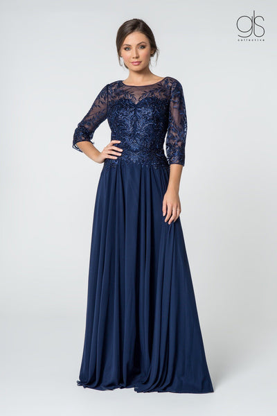 Long Embroidered Bodice Dress with 3/4 Sleeves by Elizabeth K GL2810 ...