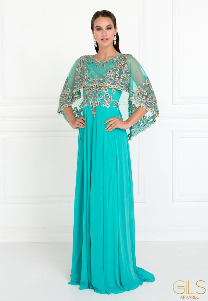 Embroidered cape dress best sale