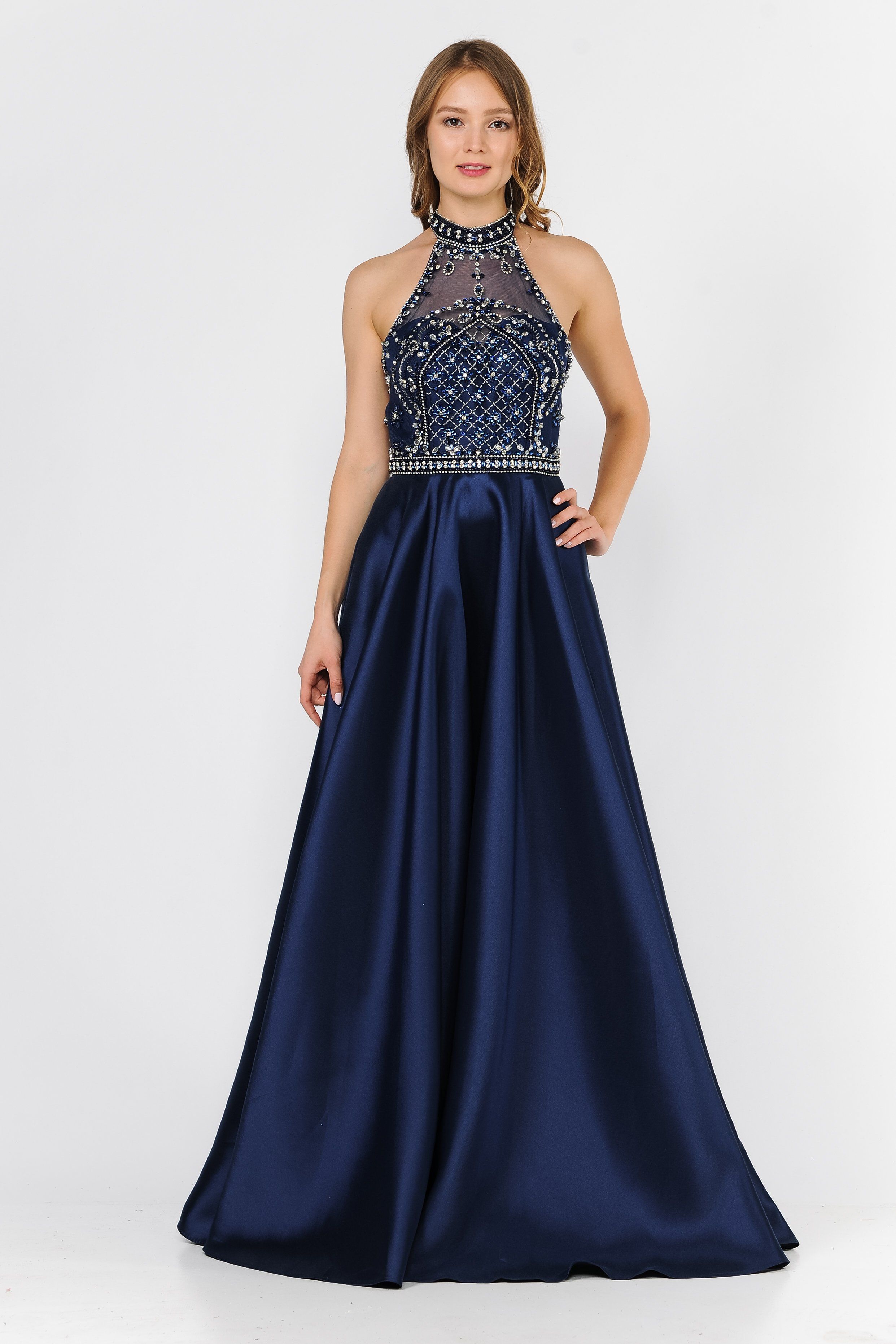 Long High Neck Illusion Dress with Beaded Bodice by Poly USA 8344