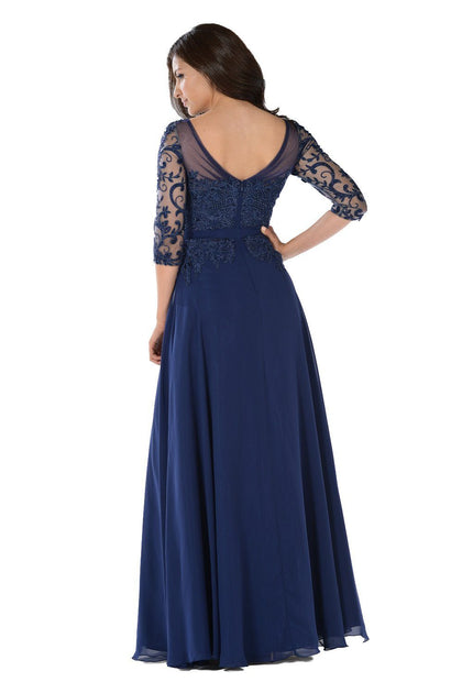 Long Navy Dress with Illusion Lace Sleeves by Poly USA – ABC Fashion