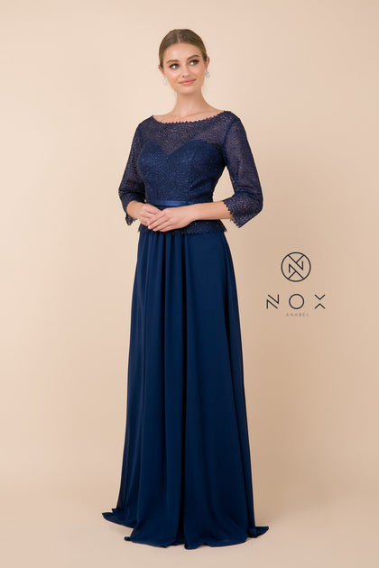 Long-Sleeve Gown with Beaded Lace Bodice by Nox Anabel M520 – ABC Fashion
