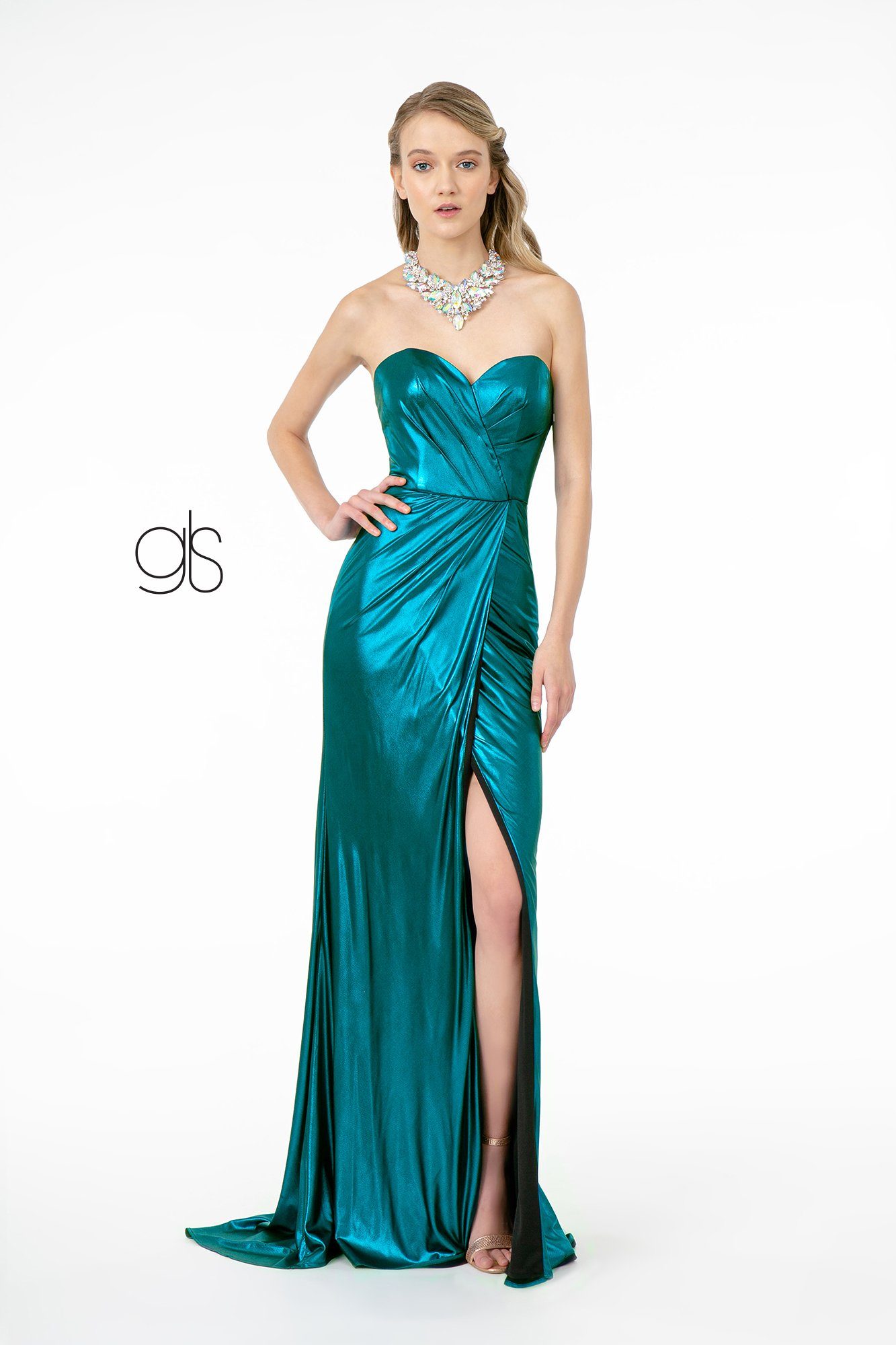 Long Strapless Faux Wrap Metallic Dress by Elizabeth K GL2894 ABC Fashion