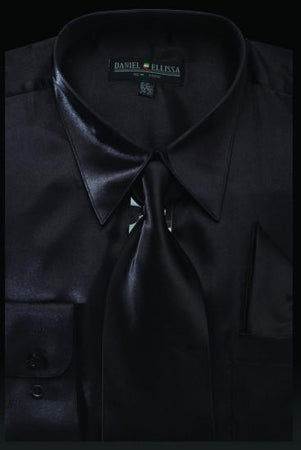 Men's Black Satin Dress Shirt with Tie u0026 Handkerchief – ABC Fashion