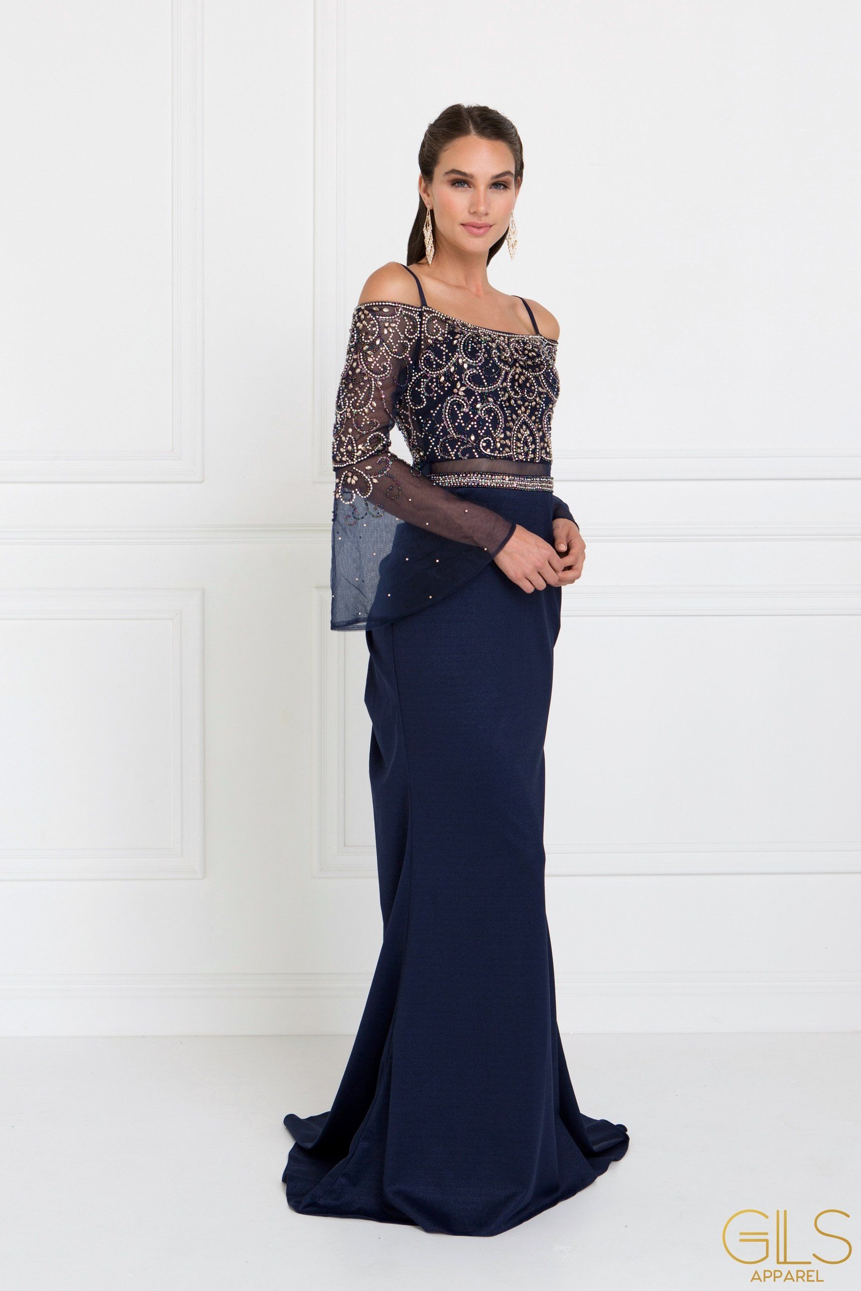 Navy Blue Long Beaded Cold Shoulder Dress by Elizabeth K GL1500 – ABC  Fashion