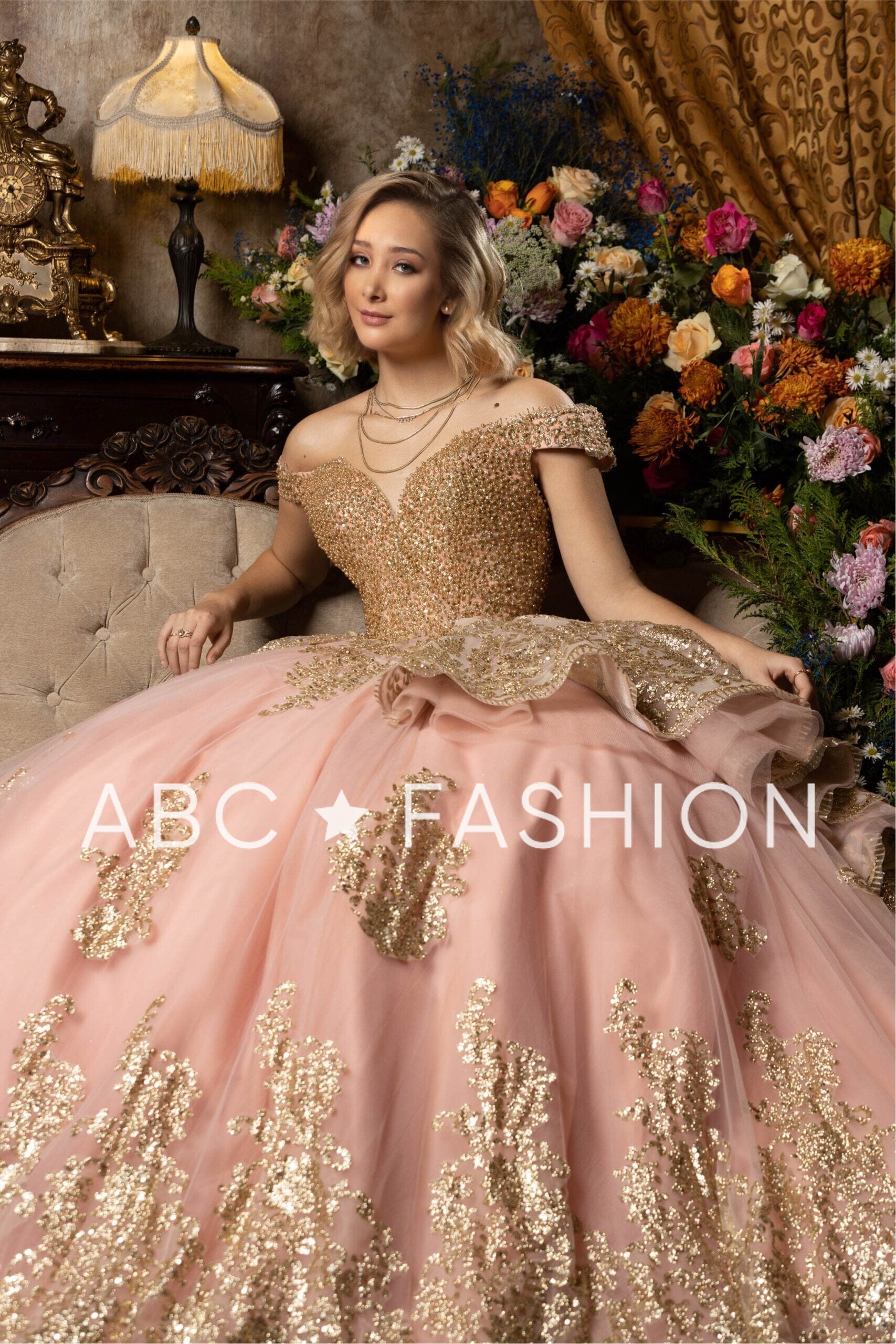 off shoulder rose gold quinceanera dresses