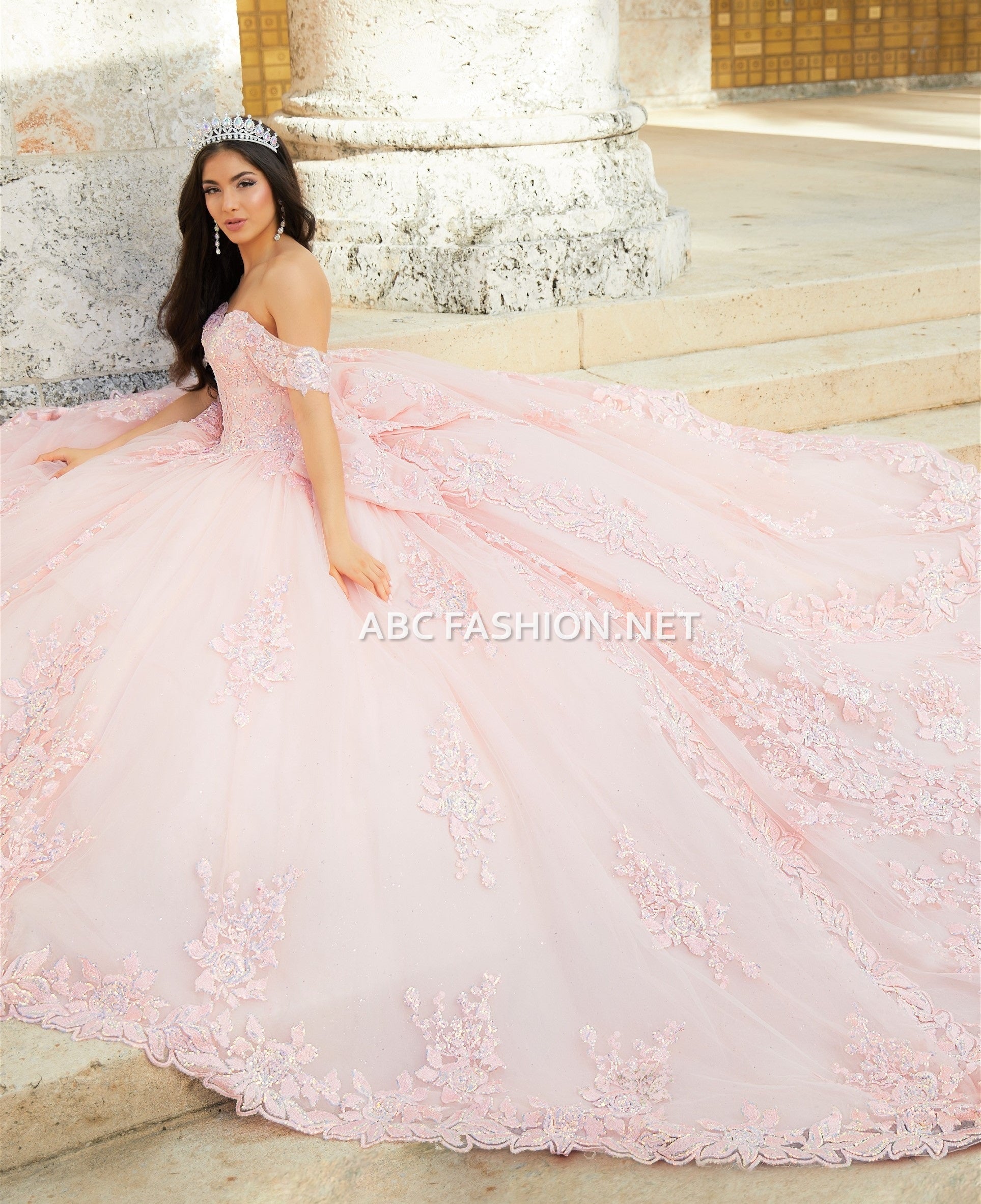 Off Shoulder Quinceanera Dress with Train by House of Wu 26022T 30 Blush Pink