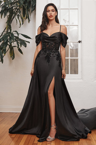 Off Shoulder Satin Corset Slit Gown by Ladivine 7492