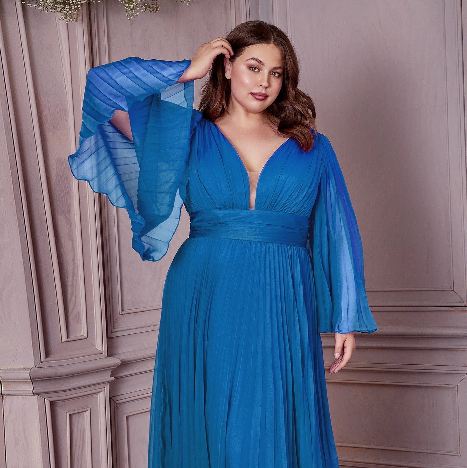 Pleated Bell Sleeve Tea Length Dress By Ladivine CD242S – ABC Fashion