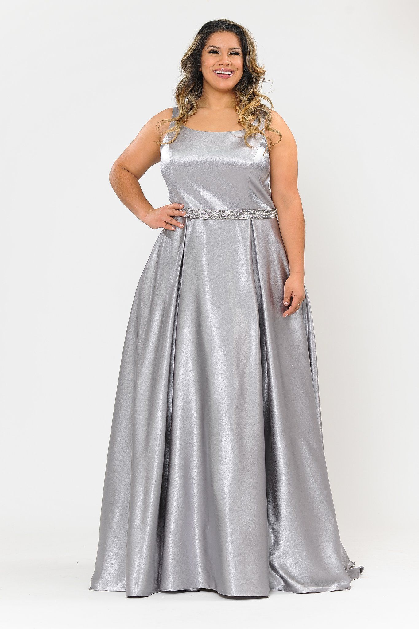 Plus Size Long Satin Dress with Beaded Waist by Poly USA W1010