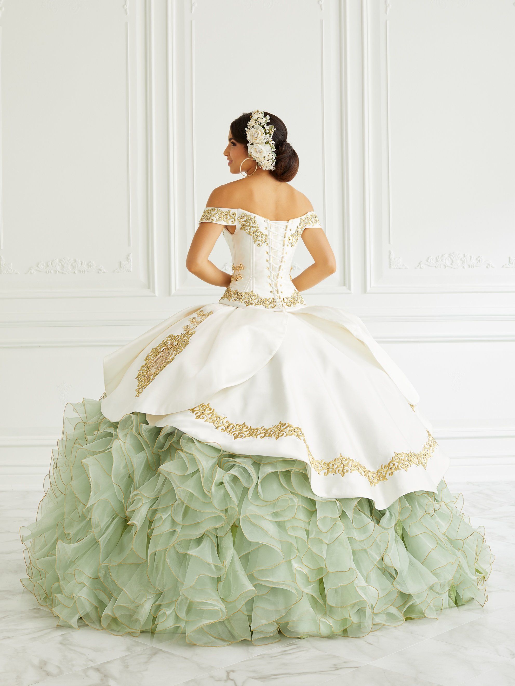 green and white quinceanera dresses