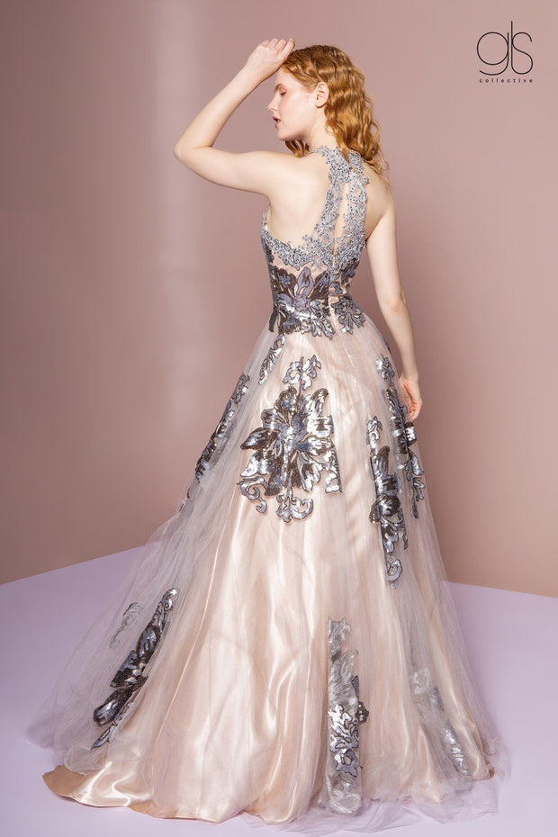 Halter Top, Floral Sequins Throughout, Long Tulle Gown