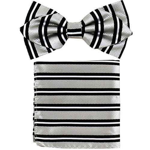 Silver/Black Striped Bow Tie with Pocket Square (Pointed Tip)-Men's Bow Ties-ABC Fashion