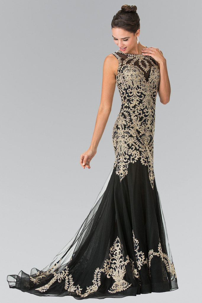 Long Sleeveless Dress with Gold Applique by Elizabeth K GL2316 S / Black