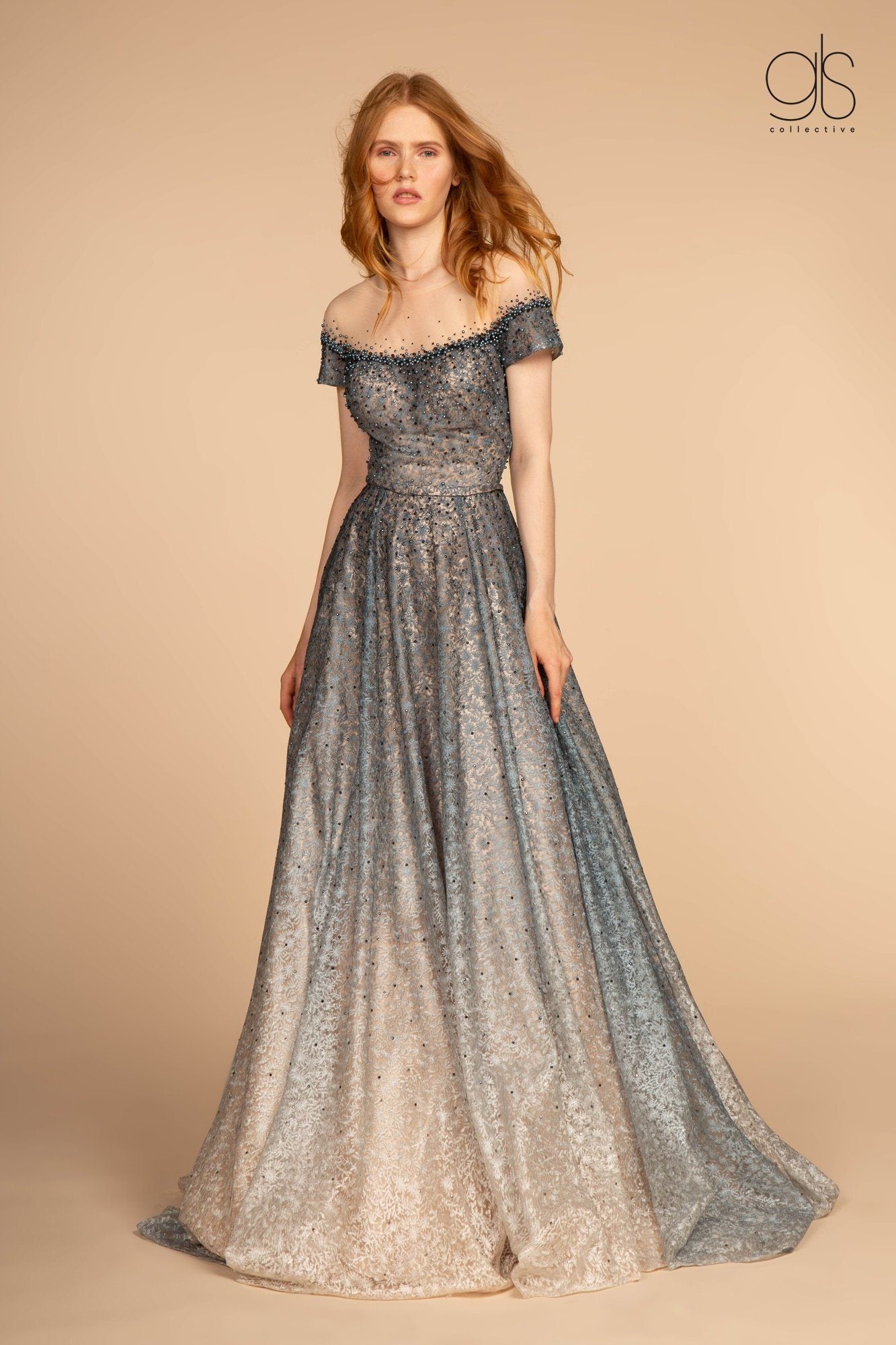 Two Tone Beaded Lace Gown with Short Sleeves by GLS Gloria GL2558